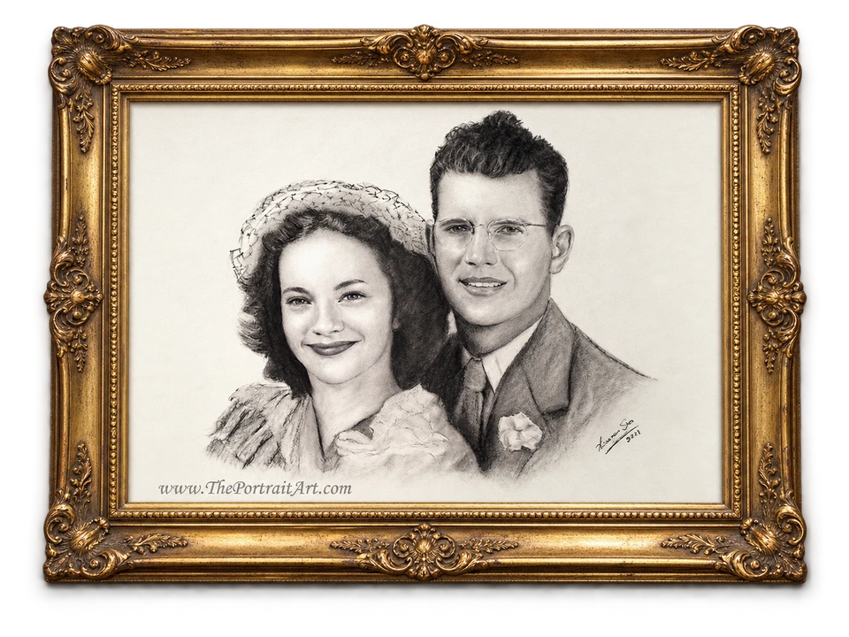 An anniversary portrait by Victor Sun in an ornate gold frame