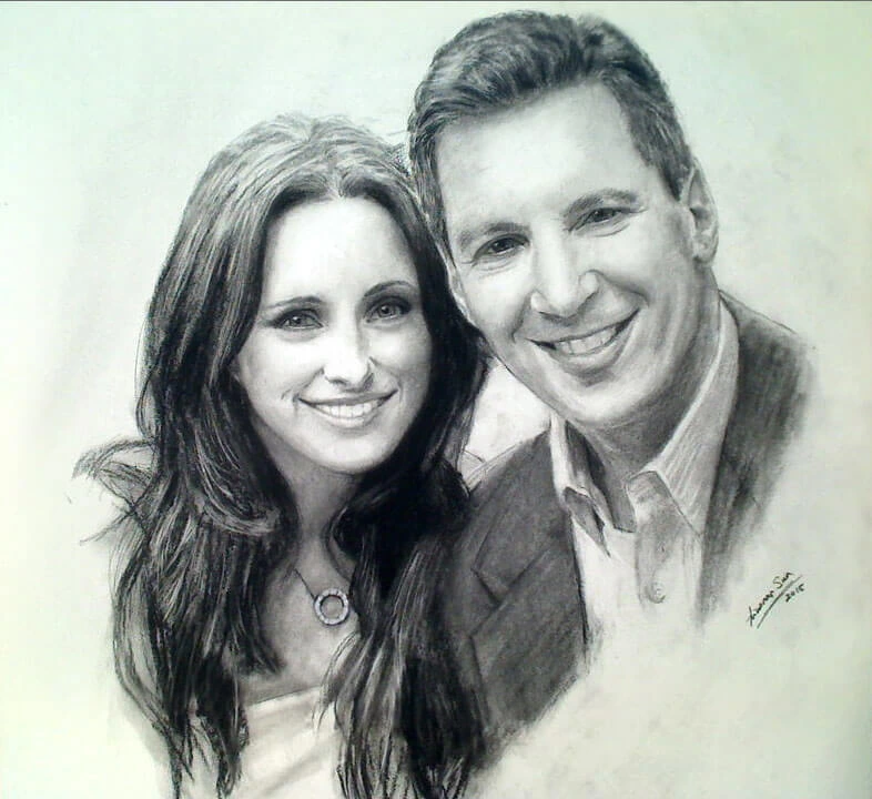 A couple’s portrait, charcoal drawing by Victor Sun