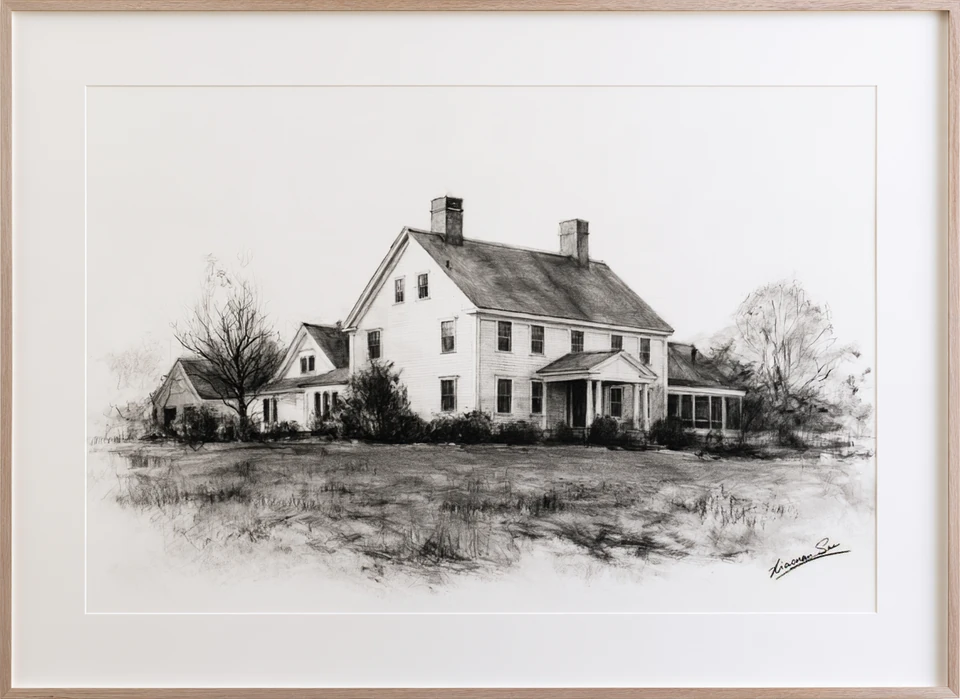 Charcoal house portrait with a white mat and light wood frame