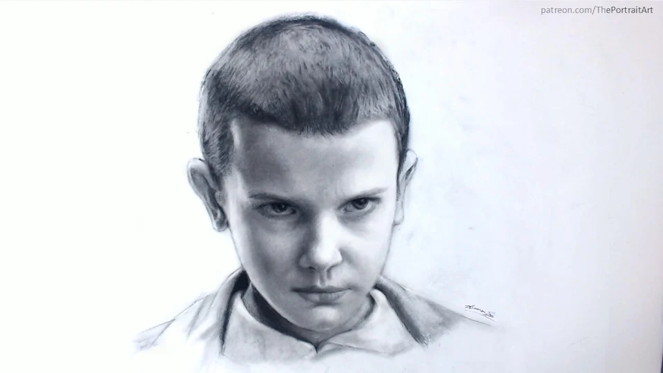 Charcoal portrait drawing of Eleven by Victor Sun