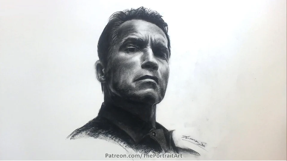 Charcoal portrait drawing of Arnold by Victor Sun