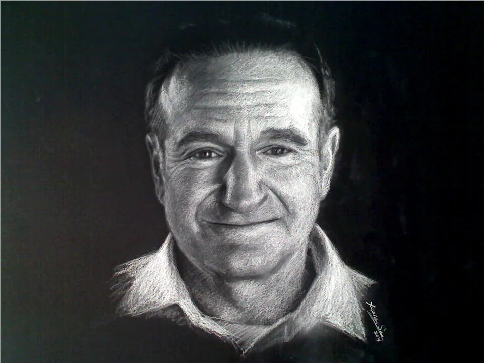 Charcoal portrait drawing of Robin Williams by Victor Sun