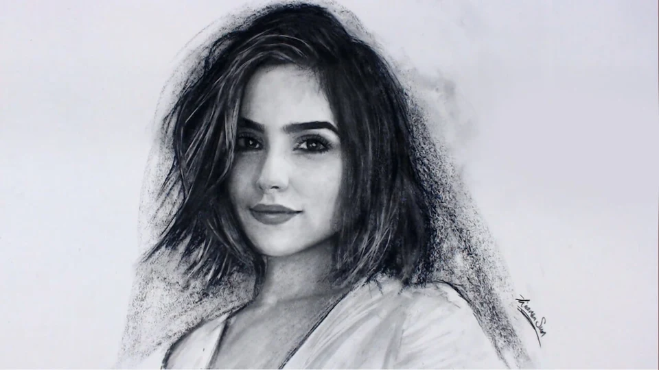 Charcoal portrait drawing of Olivia Culpo by Victor Sun
