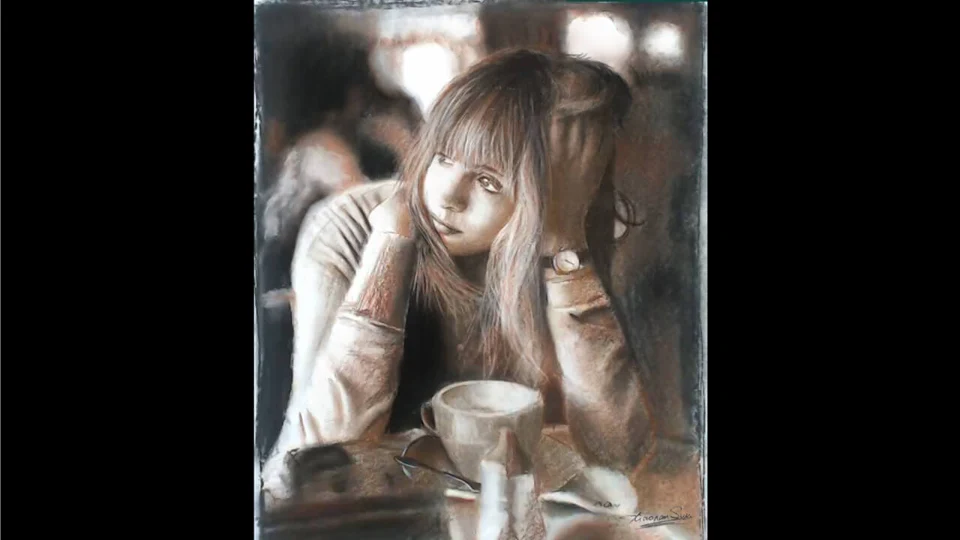 Charcoal portrait drawing of Coffee Shop Girl by Victor Sun