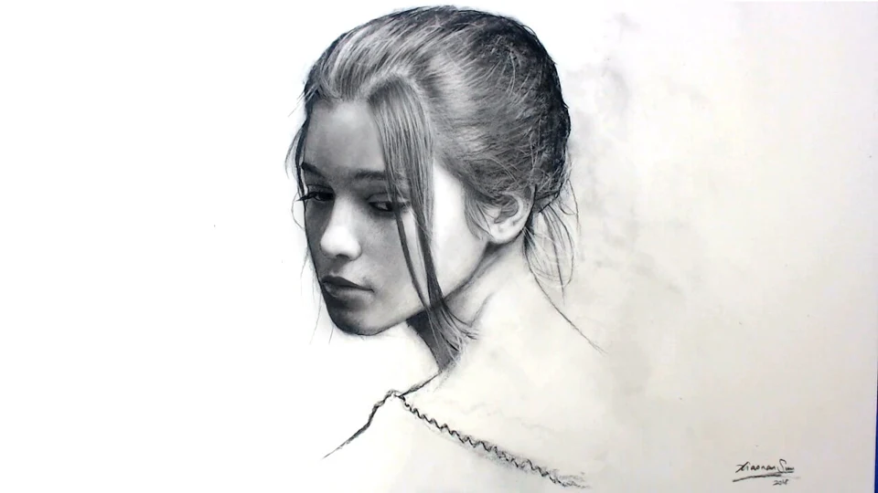 Charcoal portrait drawing of Pensive Girl by Victor Sun