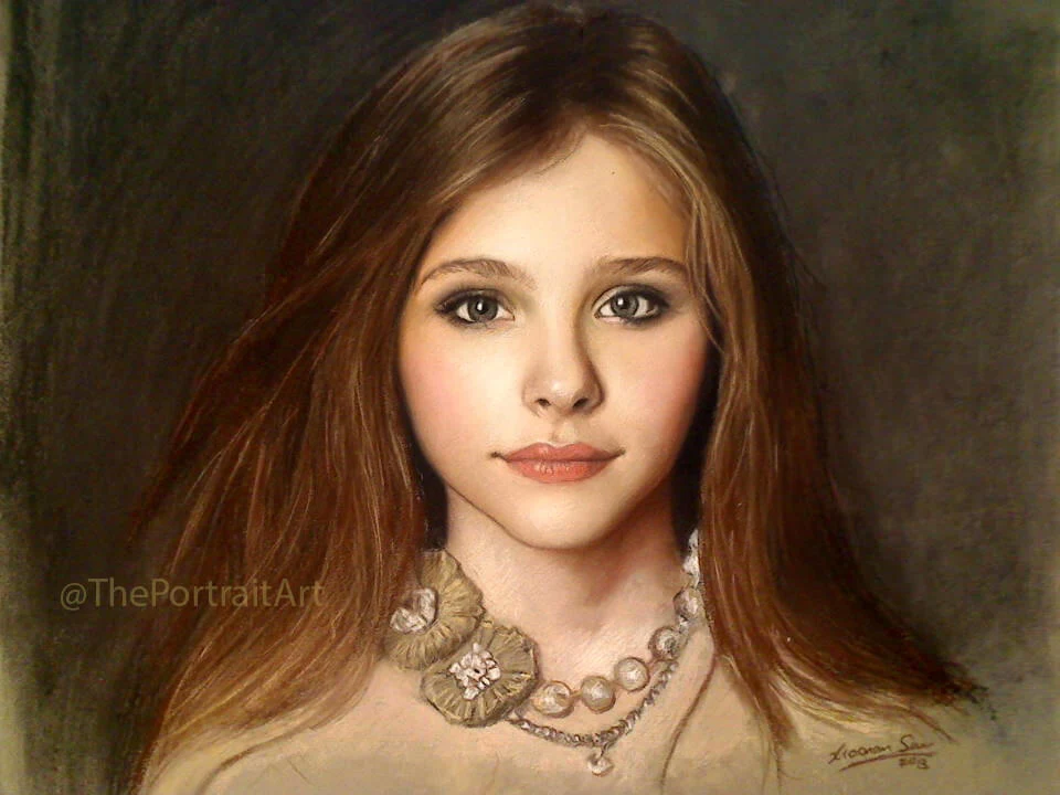 Charcoal portrait drawing of Chloe Moretz by Victor Sun