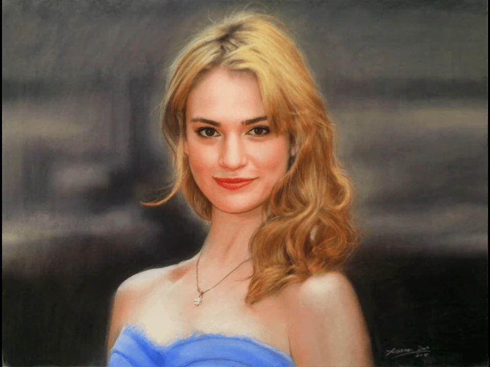 Charcoal portrait drawing of Lily James by Victor Sun