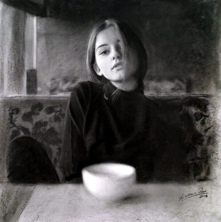 Charcoal portrait drawing of Coffee Girl by Victor Sun