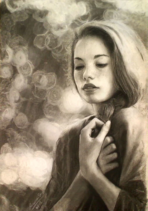 Charcoal portrait drawing of Light Spot Girl by Victor Sun