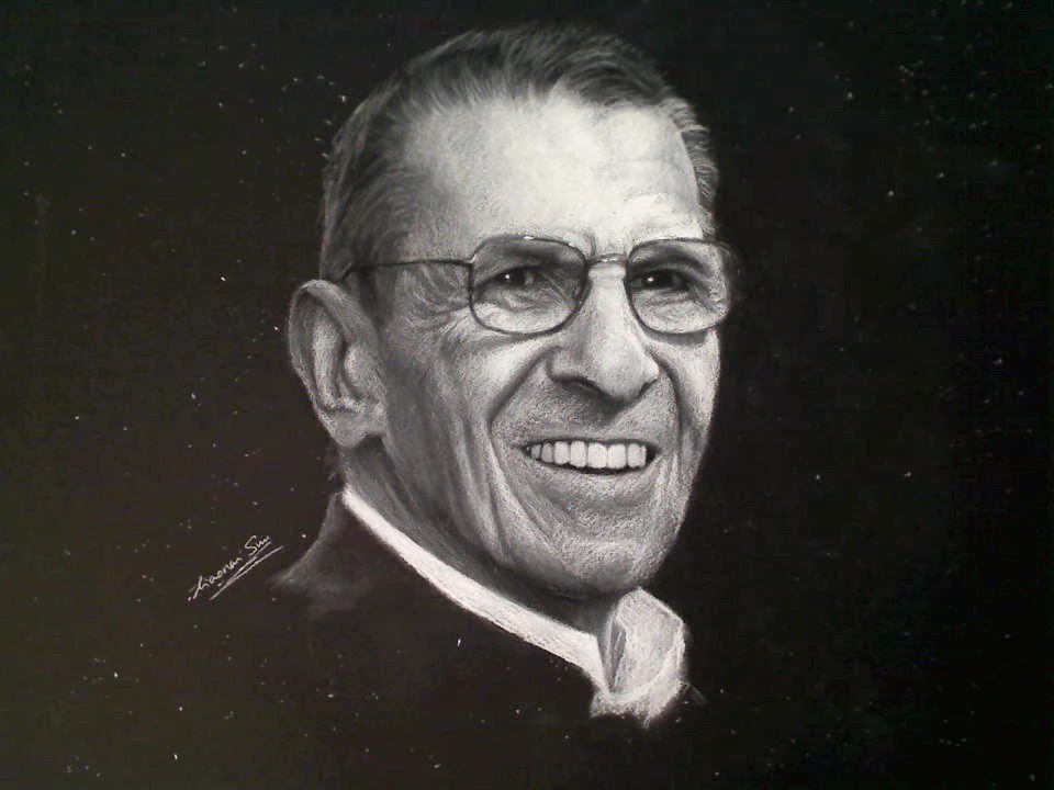 Charcoal portrait drawing of Leonard Nimoy by Victor Sun
