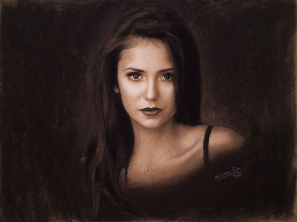 Charcoal portrait drawing of Nina Dobrev by Victor Sun