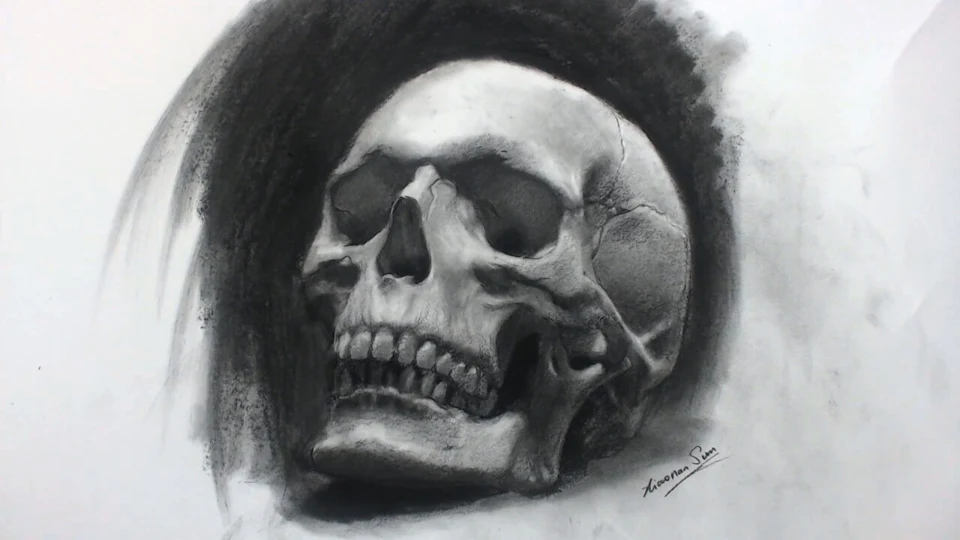 Charcoal portrait drawing of Skull by Victor Sun