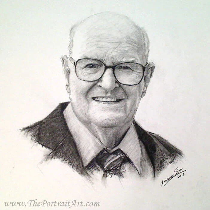 A smiling older gentleman with glasses, a charcoal portrait by Victor Sun