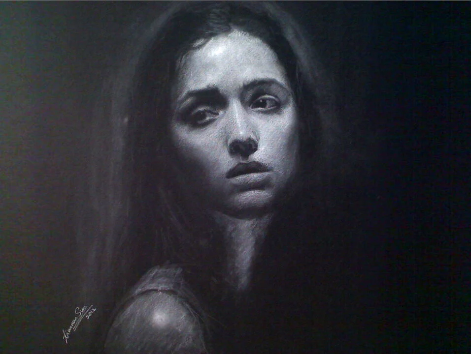 Charcoal portrait drawing of Girl Black Paper by Victor Sun