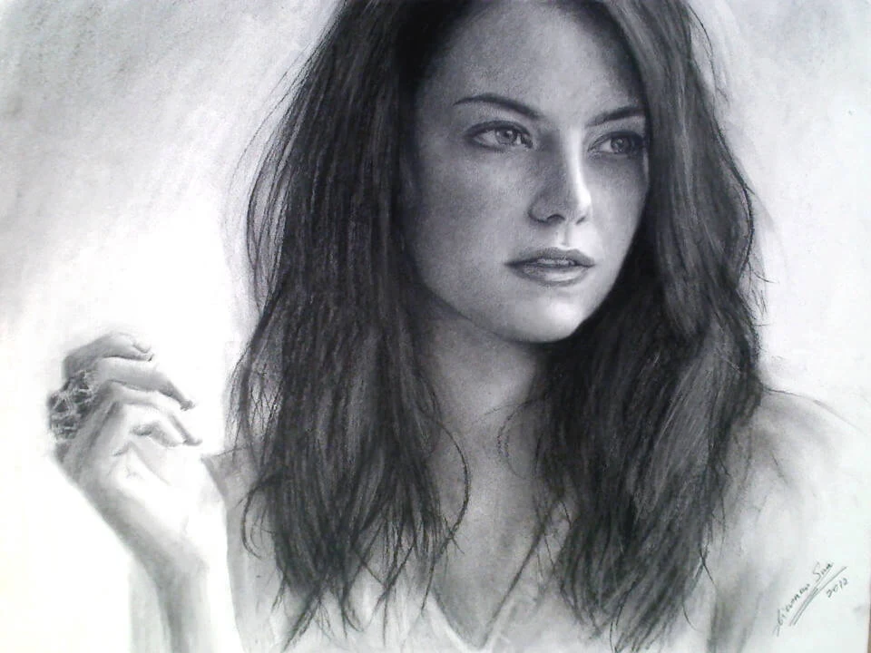 Charcoal portrait drawing of Emma Stone by Victor Sun