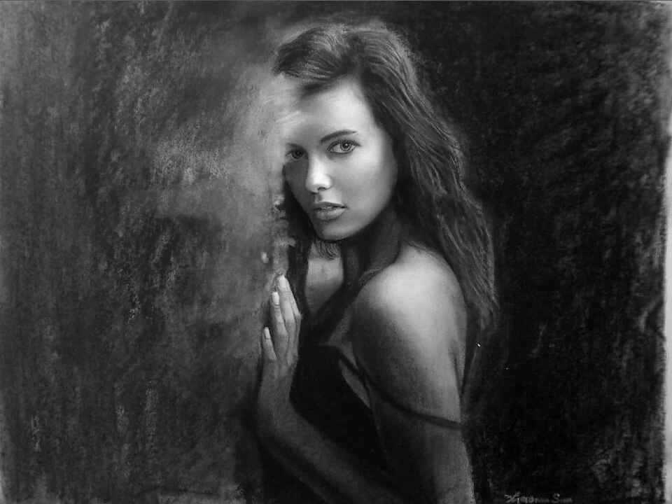 Charcoal portrait drawing of Girl by Victor Sun