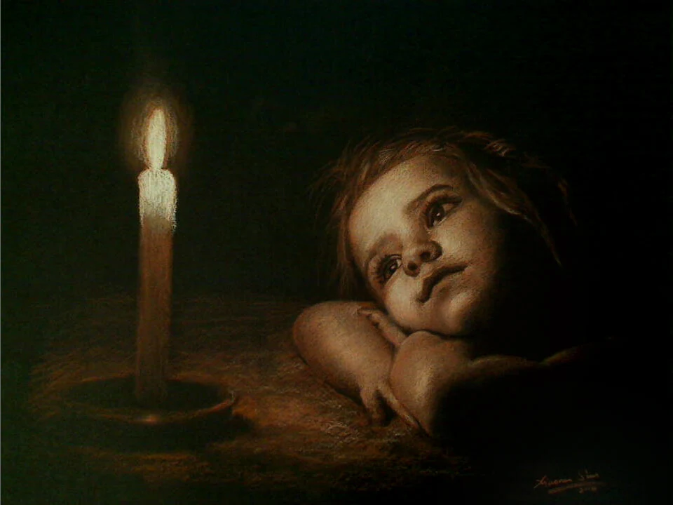 Charcoal portrait drawing of Child Candle by Victor Sun