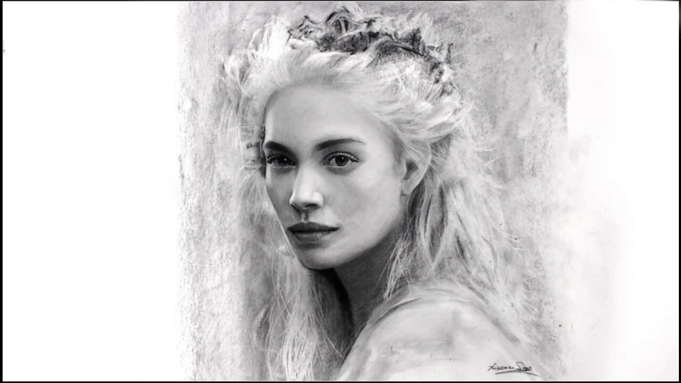 Charcoal portrait drawing of White Queen by Victor Sun