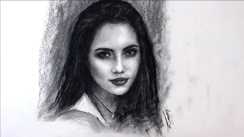Charcoal portrait drawing of Vampire Girl by Victor Sun