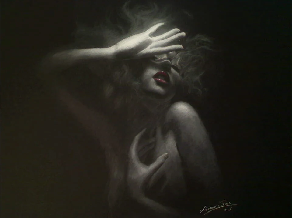 Charcoal portrait drawing of Abyss by Victor Sun