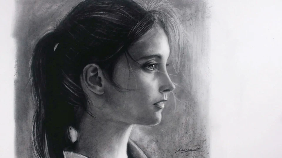 Charcoal portrait drawing of Girl Profile by Victor Sun