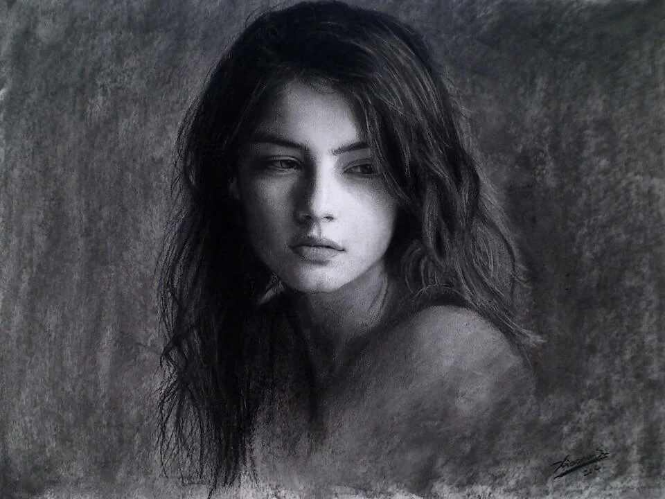 Charcoal portrait drawing of Wistful Girl by Victor Sun
