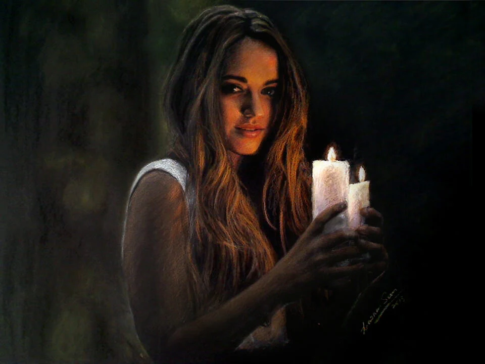 Charcoal portrait drawing of Candle Girl by Victor Sun